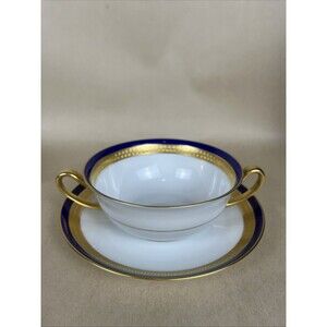 HTF Tirschenreuth P.T. Bavaria ARGYLE4279 Cream Soup Bowl,Saucer Cobalt Gold Rim